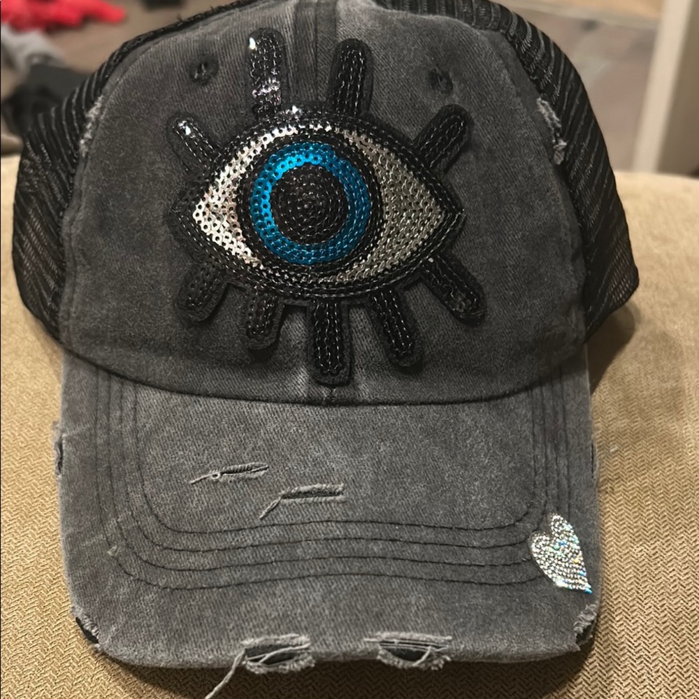 Sequin evil eye black Gray Distressed baseball Cap with Velcro tab
